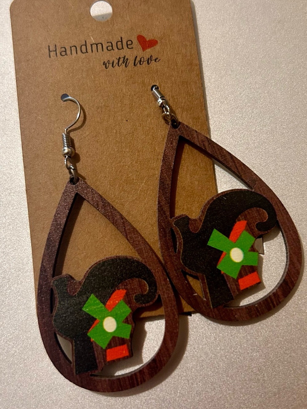 Handmade Wooden Lightweight Brown Teardrop Witch Earrings with Green Accent